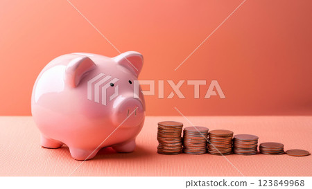 存錢筒和硬幣的特寫，一張存錢的圖片 123849968