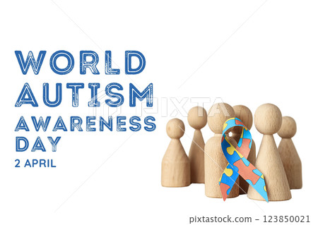 Autism Day, wooden figurines of men and ribbon with colorful puzzle on a white background, with text 123850021