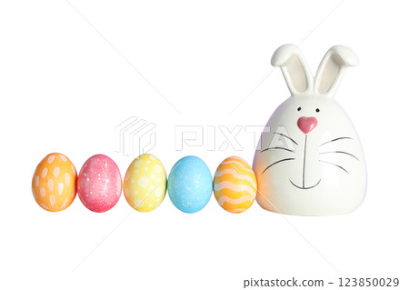 PNG, Easter, set of painted Easter eggs with rabbit, with space for text, isolated on white background PNG, Easter, set of painted Easter eggs with rabbit, with space for text, isolated on white background 123850029