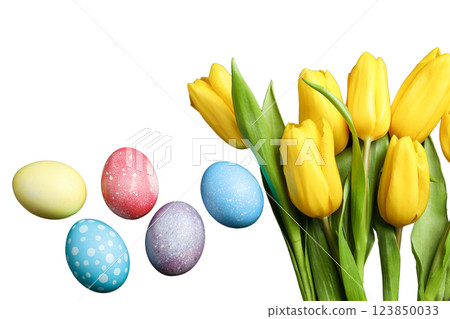 PNG, Easter, set of painted Easter eggs, with flowers, with space for text, isolated on white background 123850033