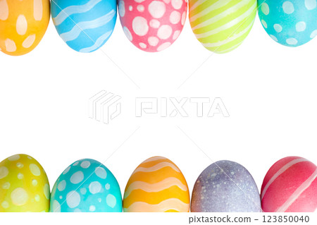 PNG, Easter, set of painted Easter eggs, with space for text, isolated on white background 123850040