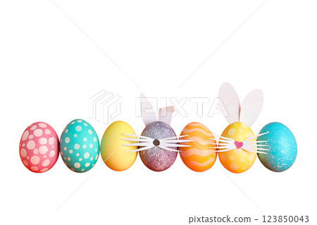 PNG, Easter, set of painted Easter eggs with rabbit ears, isolated on white background 123850043