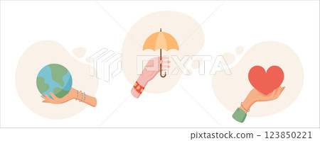 Hand hold heart, globe, and umbrella in this flat cartoon illustration. Gesture of care and protection, isolated icon set. Concept of charity, world safety, insurance. Ideal for educational materials Hand hold heart, globe, and umbrella in this flat cartoon illustration. Gesture of care and protection, isolated icon set. Concept of charity, world safety, insurance. Ideal for educational materials 123850221