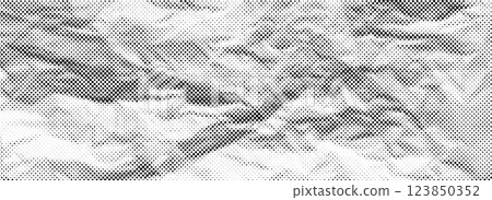 Halftone crumpled paper texture. Old creased paper page wallpaper. Dotted rough wrinkled background. Comic pop art grainy overlay. Aged damaged gritty page in cartoon style. Vector crumpled surface 123850352