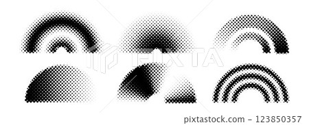 Black halftone arch collection. Pixelated 8 bit gradient arc set. Dotted pop art curve element bundle for collage, graphic design template, banner, poster, flyer. Vector comic bitmap warp pack Black halftone arch collection. Pixelated 8 bit gradient arc set. Dotted pop art curve element bundle for collage, graphic design template, banner, poster, flyer. Vector comic bitmap warp pack 123850357