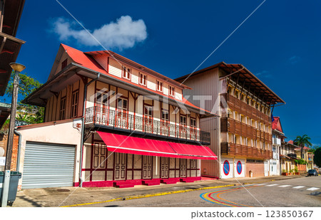 Traditional architecture of Cayenne, the capital of French Guiana in South America 123850367