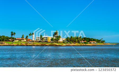 Tropical beach resort and Dreyfus Tower in Kourou - French Guiana, South America 123850372