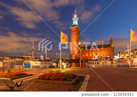 Stockholm City Hall and waterfront at night, Sweden 123850381