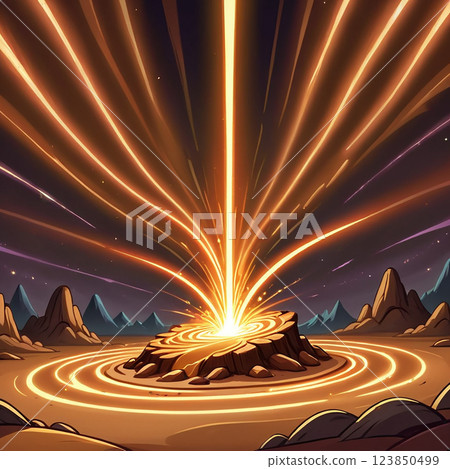 A glowing, swirling vortex erupts on a desert landscape. Golden light beams radiate upwards, while concentric circles of light emanate outward from the center. 123850499