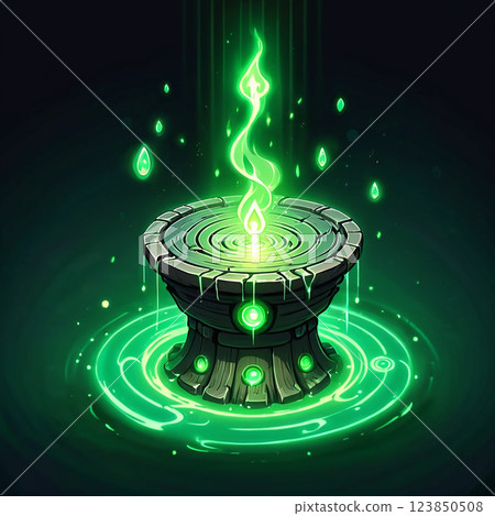 A stone altar with a glowing green flame in its center is surrounded by a pool of green liquid with glowing drops falling from the top. A stone altar with a glowing green flame in its center is surrounded by a pool of green liquid with glowing drops falling from the top. 123850508