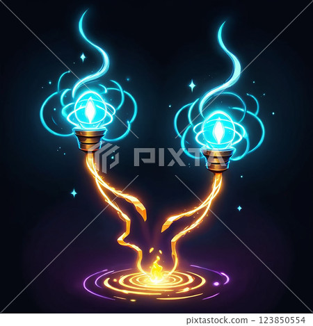 Two glowing orbs of blue light sit atop golden stems that converge at a base of swirling orange and purple energy. 123850554