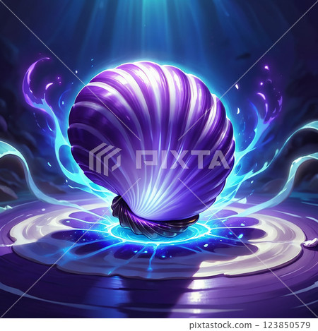 A large, purple and white striped seashell rests on a swirling blue and purple surface, emitting a vibrant purple aura. It is surrounded by ethereal blue and purple flames. 123850579
