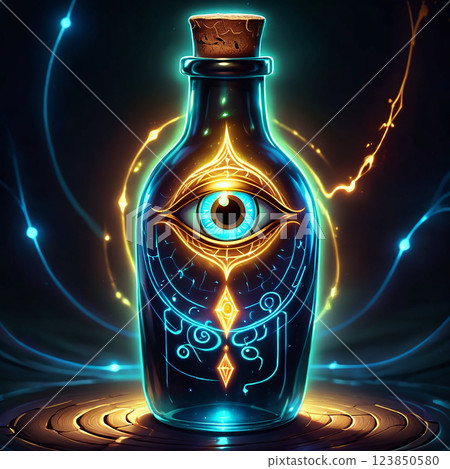 A glass bottle with a cork lid contains a blue eye inside, surrounded by glowing golden patterns. The bottle sits on a wooden platform, and blue and yellow lights streak in the background. A glass bottle with a cork lid contains a blue eye inside, surrounded by glowing golden patterns. The bottle sits on a wooden platform, and blue and yellow lights streak in the background. 123850580