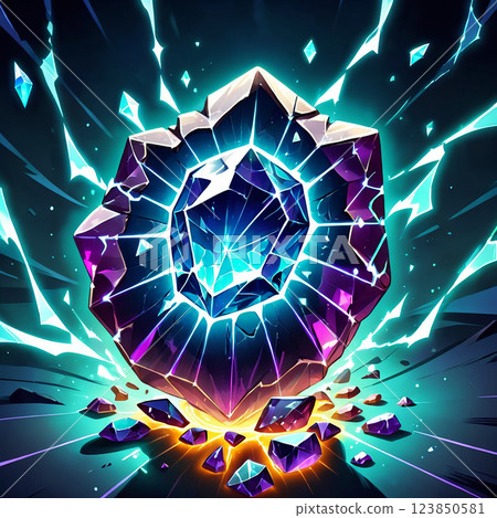 A large, glowing, purple gemstone surrounded by smaller shards, emitting energy bursts of light blue and white. The background is dark, with streaks of light emanating from the shards. 123850581