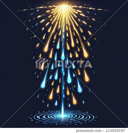 A bright light source in the dark sky radiates downward, creating a shower of glowing blue and yellow teardrop shapes that land in a circular pool of light. 123850597