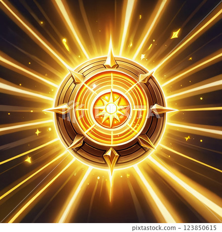 A golden compass with a central star emitting light, surrounded by radiating lines and small glowing stars. 123850615
