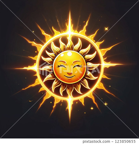 A stylized sun with a smiling face, surrounded by golden rays and small twinkling stars on a dark background. 123850655