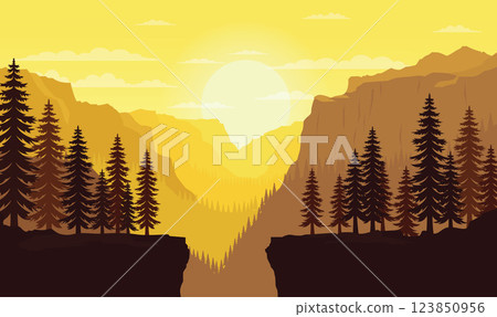 Peaceful Mountains Nature Landscape with Canyon and Sun at Sunset Sunrise 123850956