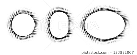 Black halftone ellipse frame set. Round dotted gradient border collection. Pop art comic dot picture holders for banner template, copy space, emblem, poster element. Vector rasterized framing back 123851007