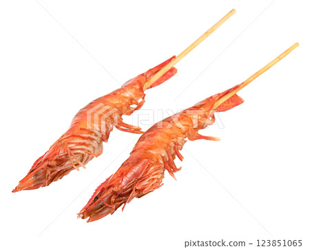 roasted prawn with skewer isolated. grilled shrimp 123851065