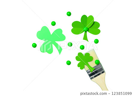Patrick`s day, green clover leaves, peas and brush isolated on white background, top view, PNG Patrick`s day, green clover leaves, peas and brush isolated on white background, top view, PNG 123851099