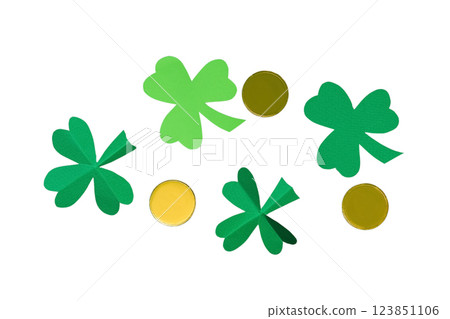 Patrick`s day, paper clover leaves and round golden confetti isolated on white background, top view, PNG 123851106