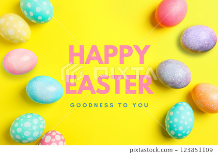 Easter, text: "Happy Easter" with eggs, on a yellow background 123851109