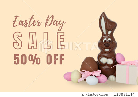 Easter, 50% off until Easter Day, with chocolate bunny, eggs and gift, on a light background 123851114