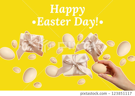 Easter, greeting inscription with eggs, gift and hand, on a yellow background 123851117