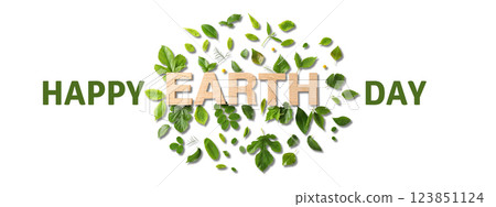 Earth Day, green leaves and text on white background, top view 123851124