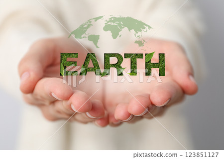 Earth Day, word Earth made of grass in hands on light background, close up Earth Day, word Earth made of grass in hands on light background, close up 123851127