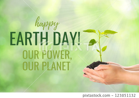 Earth Day, green sprout in hands on green background, with text 123851132