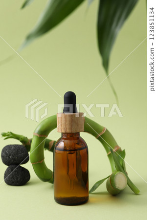 Fresh bamboo shoots with charcoal and glass bottle 123851134