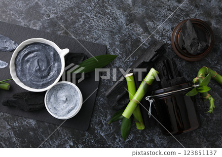 Fresh bamboo shoots with charcoal and black board Fresh bamboo shoots with charcoal and black board 123851137