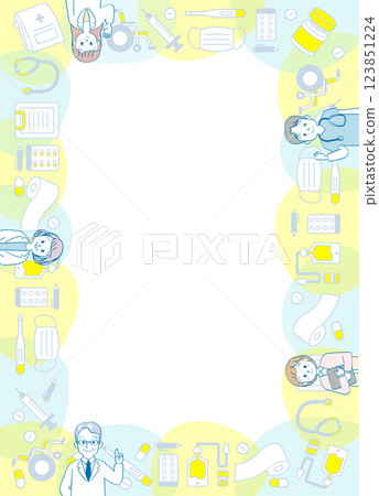 Simple medical equipment item illustration frame_blue-yellow border decoration and medical worker person Simple medical equipment item illustration frame_blue-yellow border decoration and medical worker person 123851224