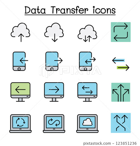 Cloud computer, data transmission, data mining, download, upload icon set in colorline style 123851236