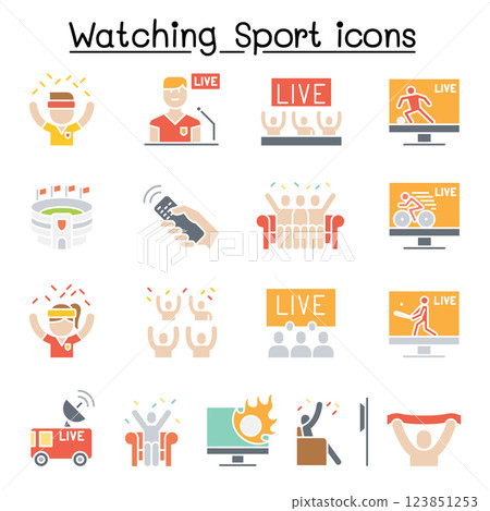 Watching sport on tv, sport broadcasting icon set in flat color style 123851253
