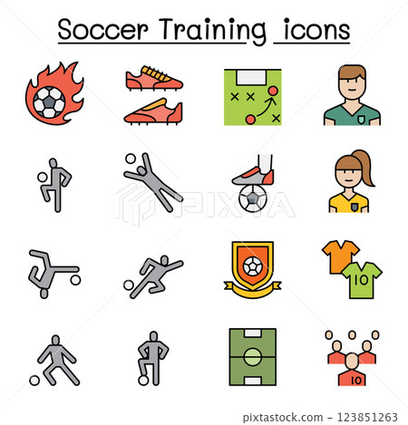 Soccer training, football club icon set in colorline style 123851263
