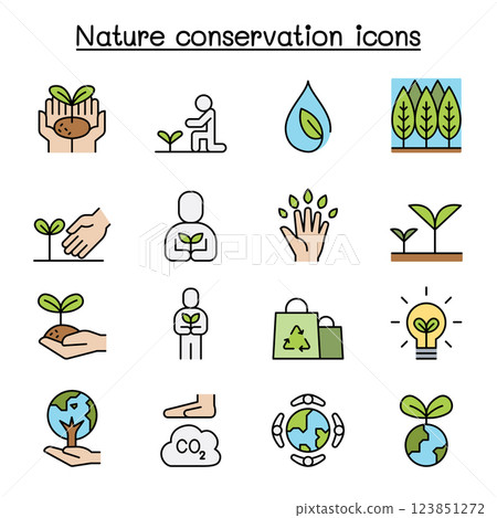 Eco friendly, nature conservation, environmentalist icon set in colorline style Eco friendly, nature conservation, environmentalist icon set in colorline style 123851272