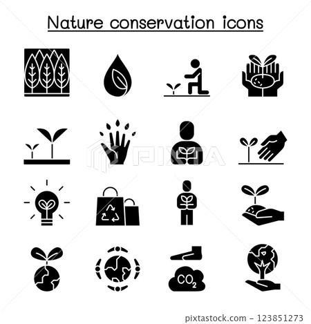 Eco friendly, nature conservation, environmentalist icon set in glyph style 123851273