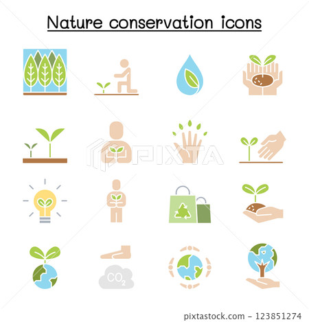 Eco friendly, nature conservation, environmentalist icon set in flat color style Eco friendly, nature conservation, environmentalist icon set in flat color style 123851274