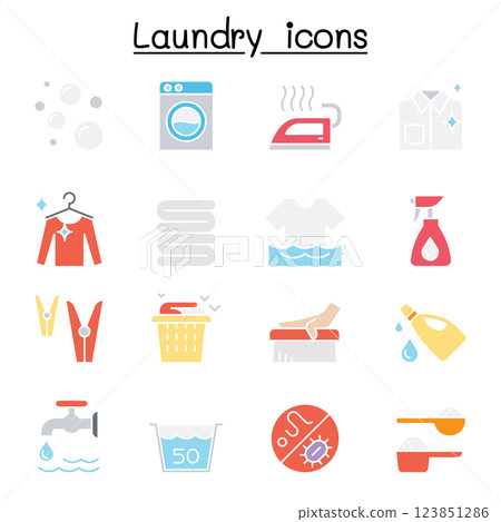 Laundry icon set in thin lline style in flat color style 123851286