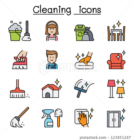 Cleaning and Hygiene icon set in colorline style 123851287