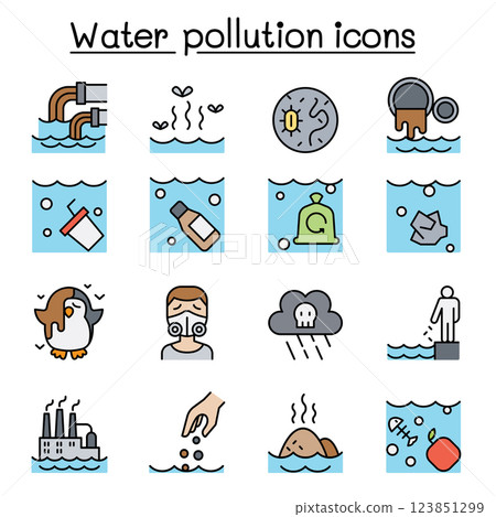 Water pollution icon set in colorline style 123851299