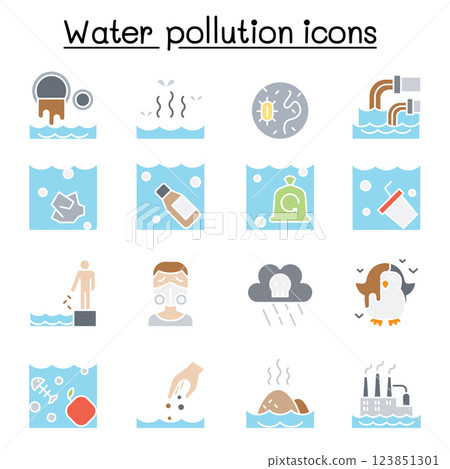 Water pollution icon set in flat color style 123851301