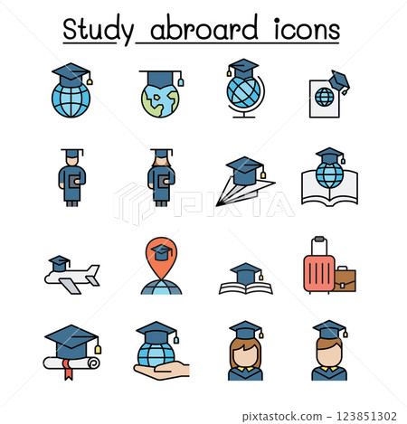 Study abroad and Graduation icon set in colorline style 123851302