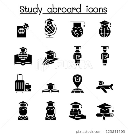 Study abroad and Graduation icon set in glyph style 123851303