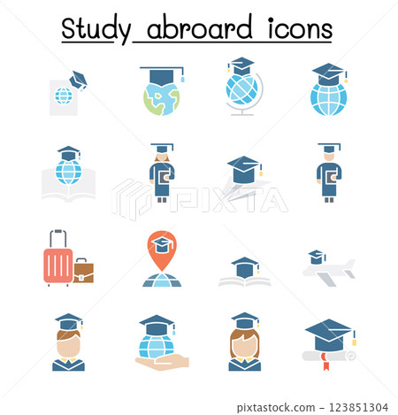 Study abroad and Graduation icon set in flat color style 123851304