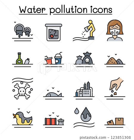 Water pollution icon set in colorline style Water pollution icon set in colorline style 123851308