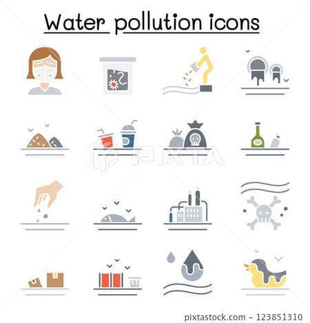 Water pollution icon set in flat color style 123851310